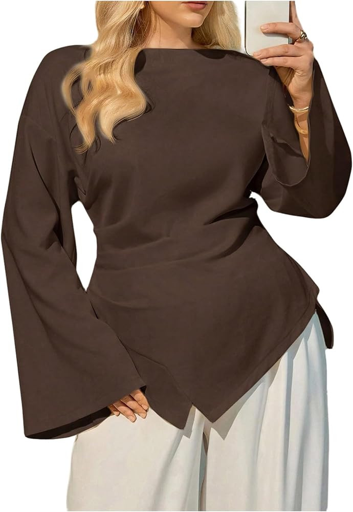 SHENHE Women's Plus Size Fall Dressy Casual Blouse Bell Long Sleeve Ruched Asymmetrical Work Top | Amazon (US)
