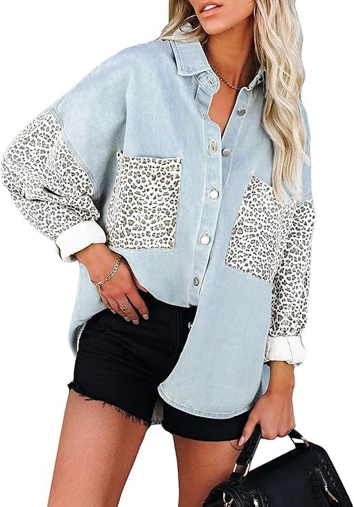 Happy Sailed Womens Leopard Contrast Denim Jackets Oversize Long Sleeve Button Down Pockets Jean ... | Amazon (US)