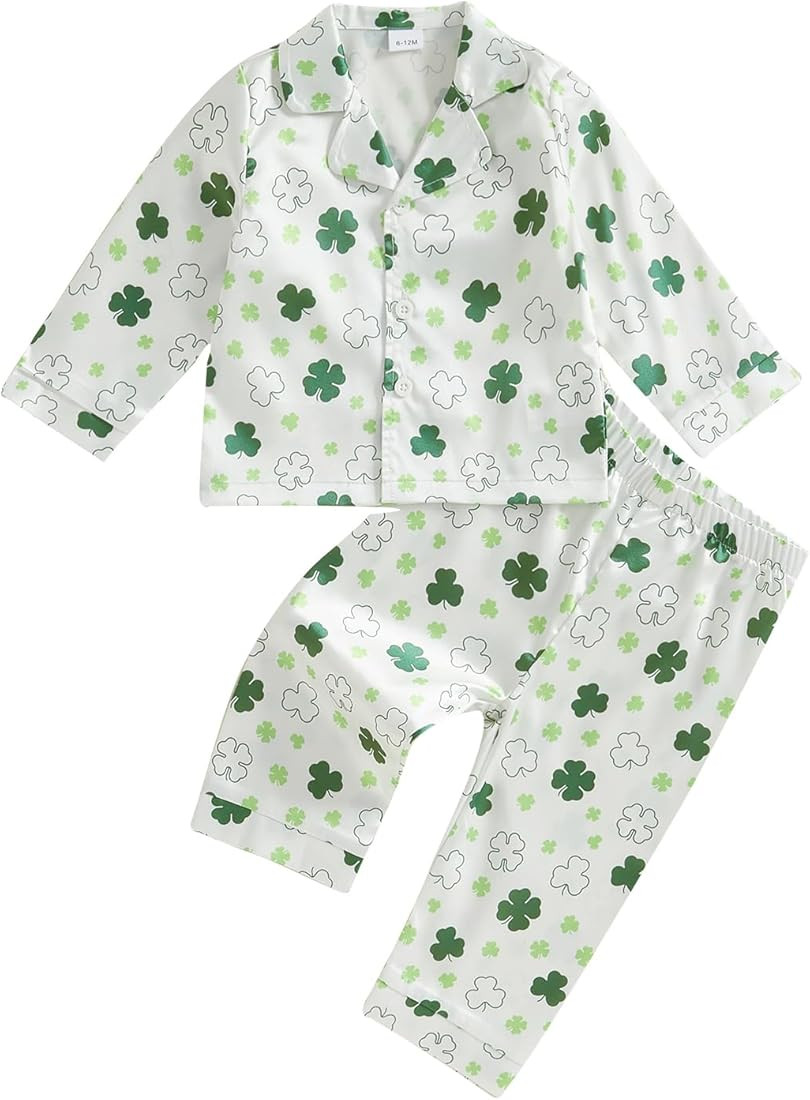 Toddler Boy Girl St Patricks Day Pajamas Set Cute Button Down Shamrock Print Shirt Long Pants Kid... | Amazon (US)