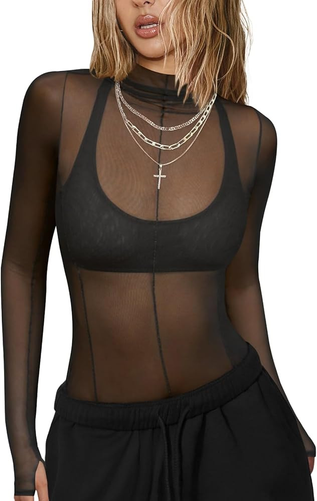 Mesh Sheer Long Sleeve Layering Tops for Women Mock Neck Sexy Going Out Lace Tee Shirt See Throug... | Amazon (US)
