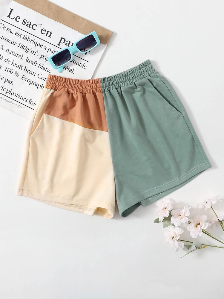 Plus Colorblock Slant Pocket Elastic Waist Shorts | SHEIN
