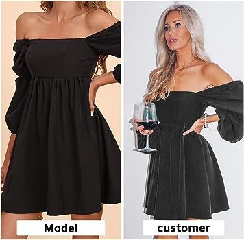 EXLURA Womens Square Neck Dress Long Puff Sleeve A-Line Casual Short Mini Dress | Amazon (US)
