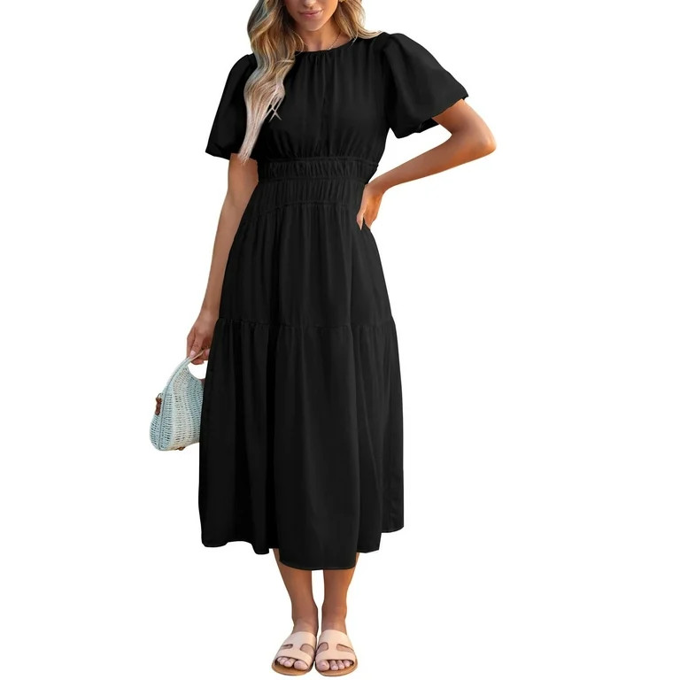 Dokotoo Womens Midi Dresses Summer Crewneck Puff Sleeve Solid Midi Dress Elastic High Waist Ruffl... | Walmart (US)