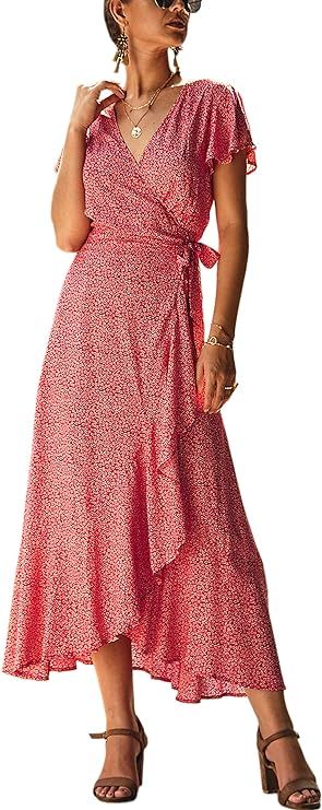 ECOWISH Women's Dresses Bohemian Wrap V Neck Short Sleeve Ethnic Style High Split Beach Maxi Dres... | Amazon (US)