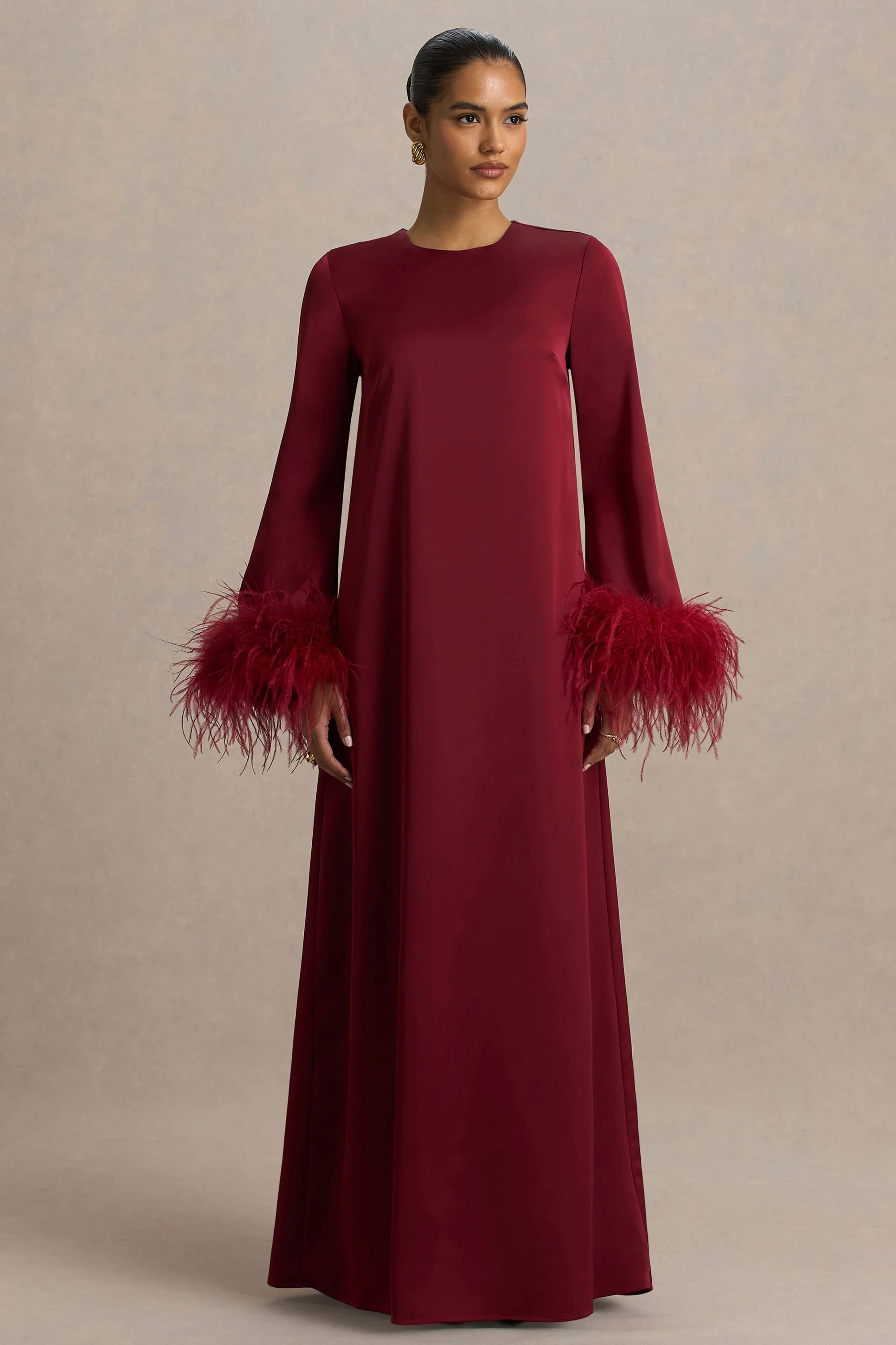 Adella | Burgundy Satin Feather-Trim Maxi Dress | Club L London