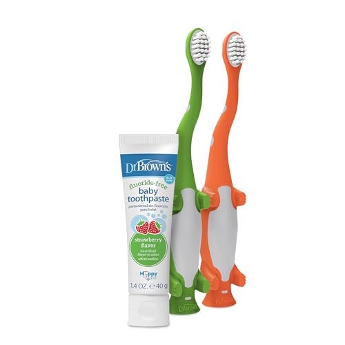 Dr. Brown's Baby and Toddler Toothbrush Set, Orange and Green Dinosaur, 2-Pack with Strawberry Flavor Toothpaste | Amazon (US)