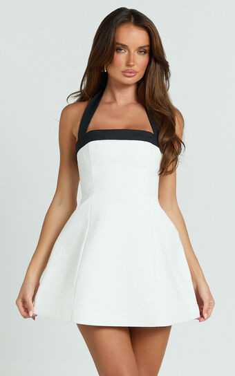 Broome Mini Dress - Contrast Halter Tie Tulip Skirt Dress in White/Black | Showpo (US, UK & Europe)