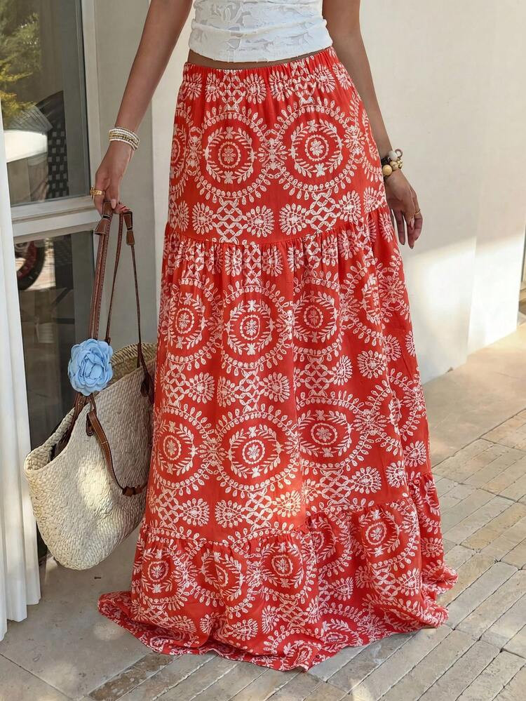 SHEIN Tall Women's Casual Vacation Elegant Everyday Versatile Fashion Retro Print Low Waist Skirt... | SHEIN