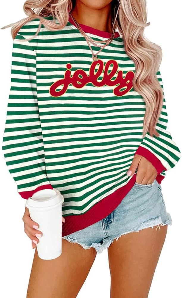 Christmas Sweatshirts for Women Jolly Chenille Patch Shirt Christmas Sweaters Sequins Holiday Str... | Amazon (US)