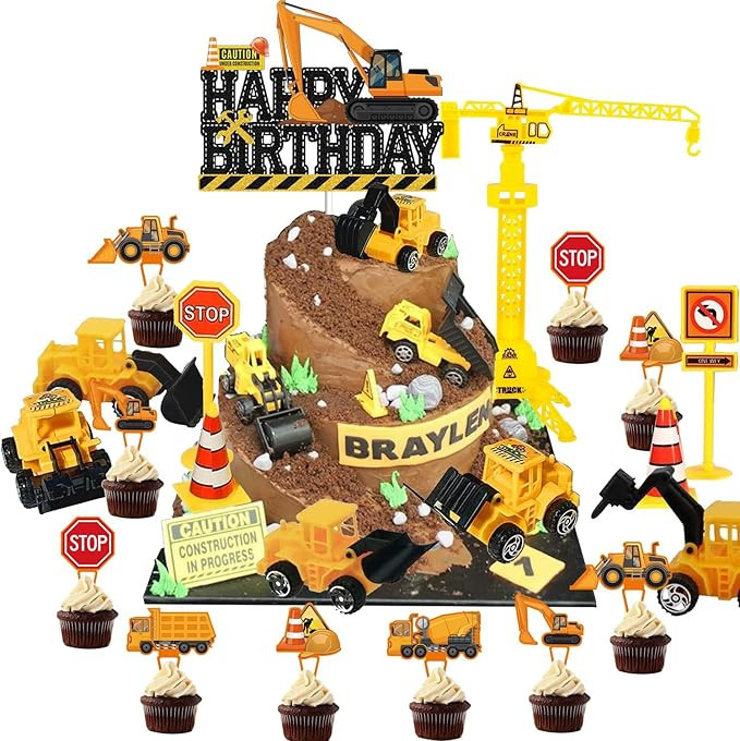 Construction Cake Topper- 25PCS Vehicles Cake Decoration Set with Traffic Road Sign, Excavator, T... | Amazon (US)