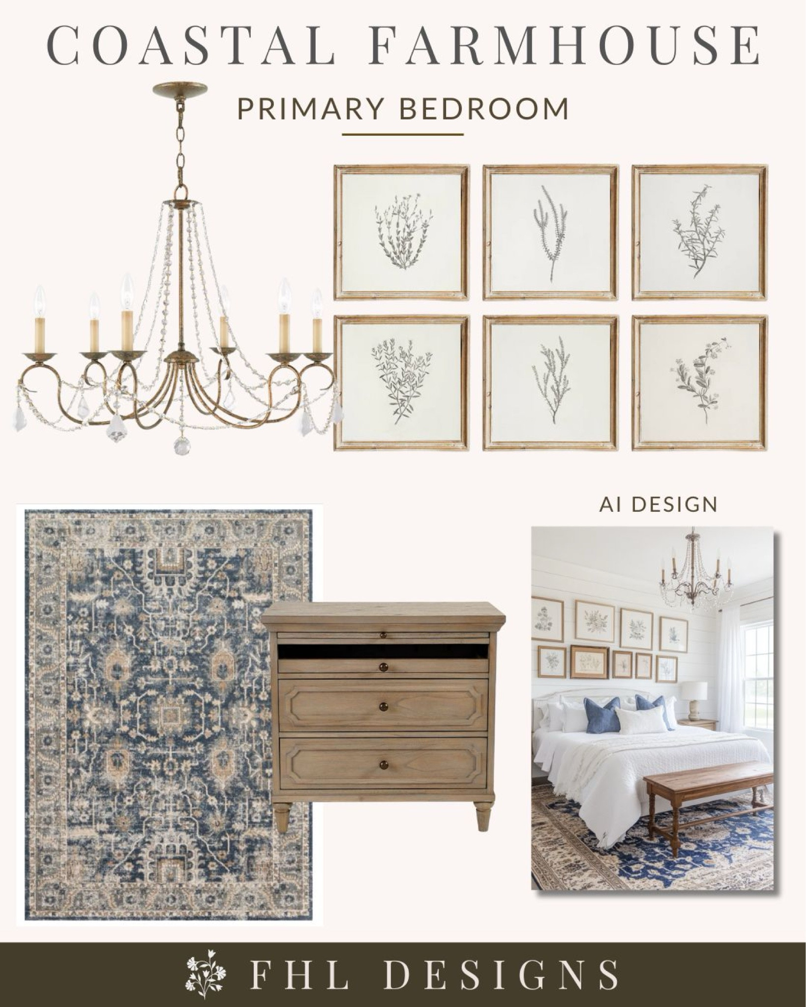 Shop our coastal farmhouse bedroom design mood board 🤍 

Primary Bedroom | Master Bedroom | Blue and White Home Decor | Botanical Prints 

#LTKHome