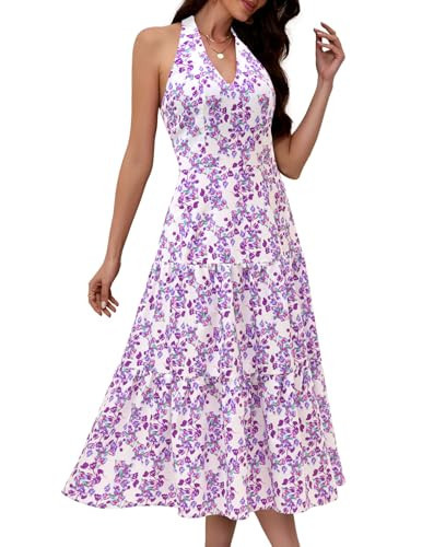 DRESSTELLS Women's Maxi Sundress Summer Floral Print Flowy A Line Casual Halter Neck Spring Flower Flowy Beach Long Dresses Purple Floral L | Amazon (US)