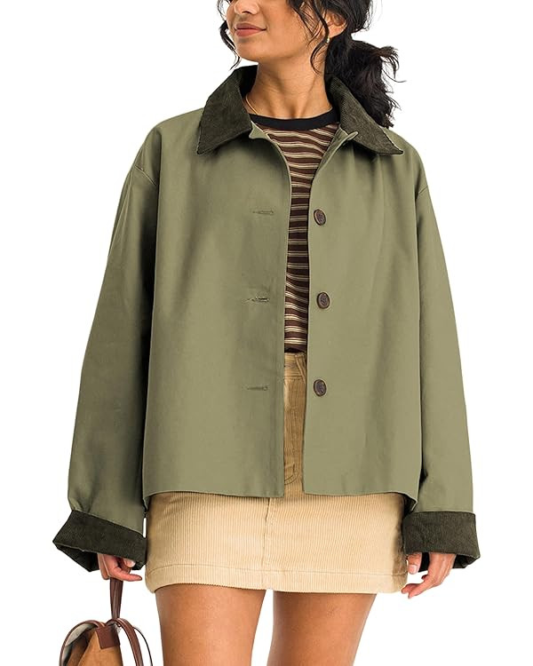 Lviefent Womens Contrast Collar Jacket Casual Button Down Long Sleeves Crop Trench Coat Outerwear... | Amazon (US)