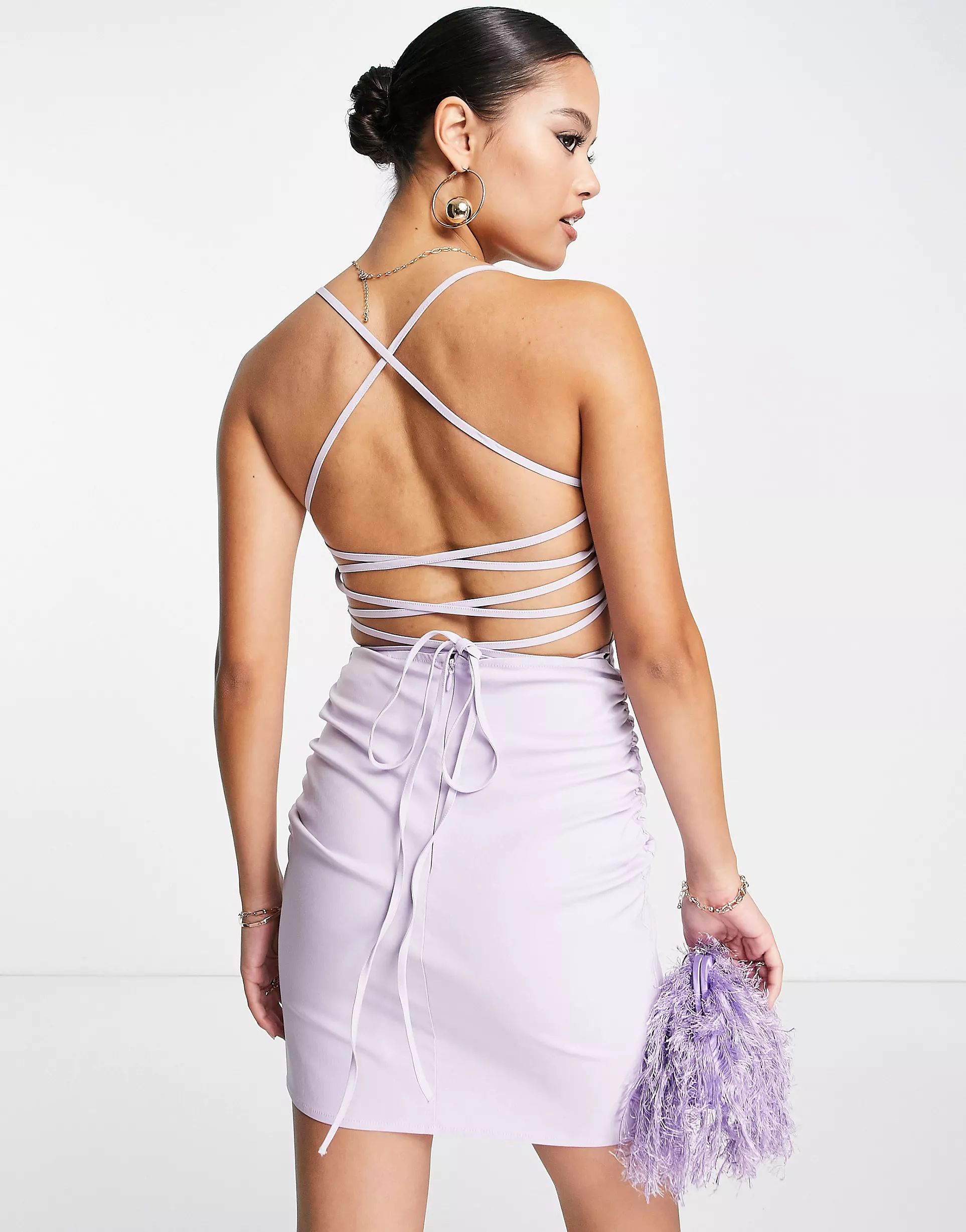 ASOS DESIGN lace up back structured mini dress with square neck in lilac | ASOS (Global)