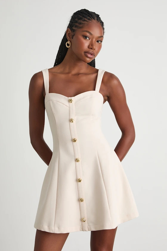 Akira Cream Button-Front Skater Mini Dress | Lulus