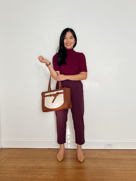 Fall casual outfit, LOFT, transitional outfit, teacher outfit idea, business casual work outfit, monochromatic outfit: burgundy mock neck top (XS), short sleeve mock neck top, burgundy pants (27P), maroon pants, brown and canvas tote bag, structured tote bag, tan block heel pumps, tan mule pumps.