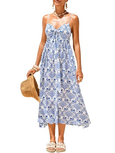 CUPSHE Women's Boho Paisley Floral Midi Dress Spaghetti Strap Smocked Long Sundress Flowy A Line Summer Beach Vacation Dress Blue, M | Amazon (US)