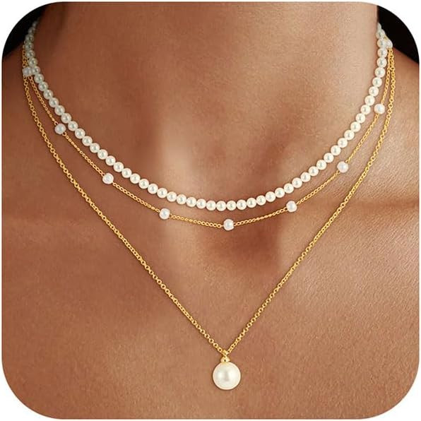 Pearl Necklaces for Women Girls, 18K Gold/Silver Plated Layered Pearl Necklaces Dainty Pearls Cho... | Amazon (US)