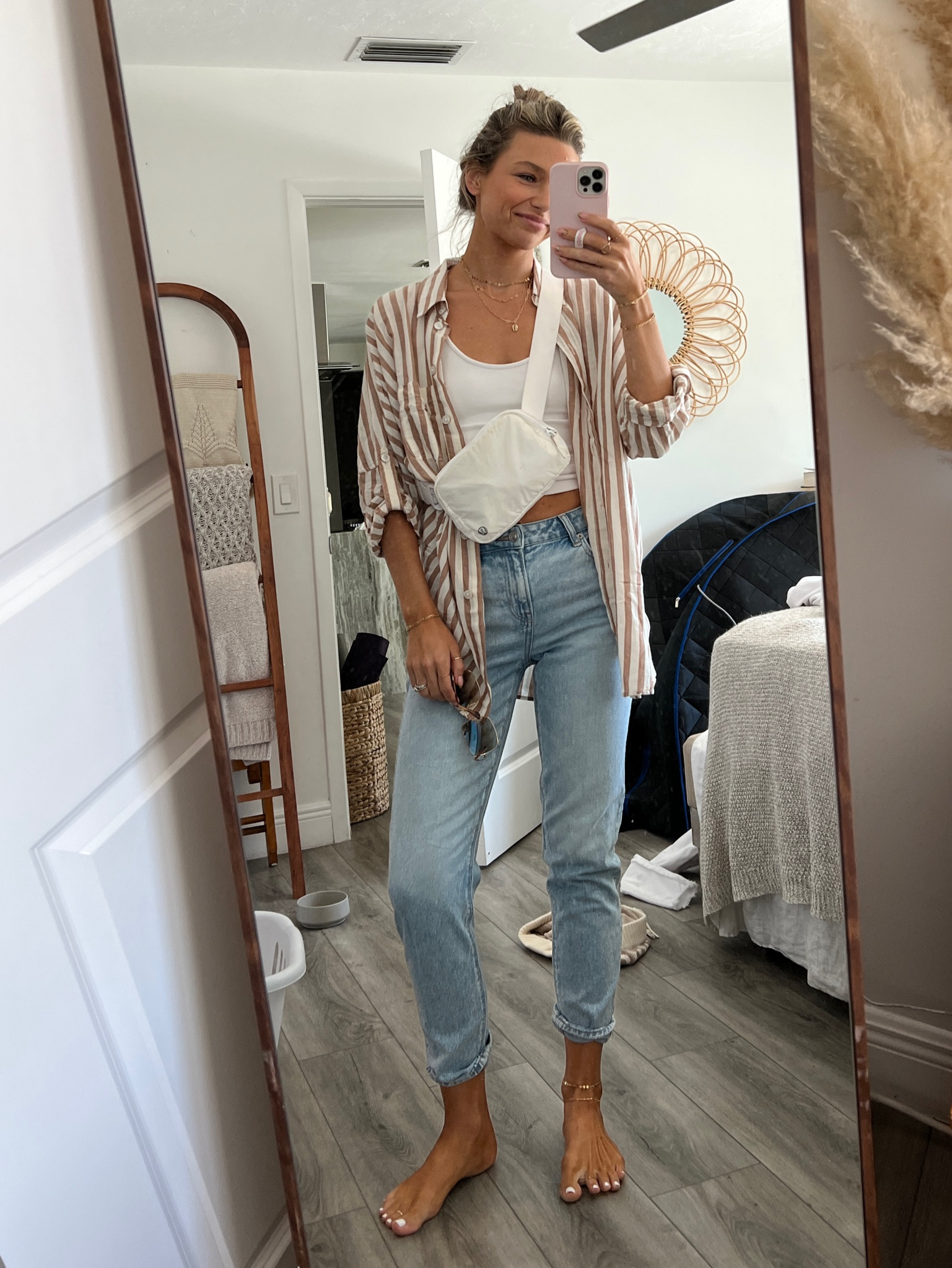 Mom look on point. Comfy. Easy. Stylish. The most comfortable mom jeans pair so easily with this striped button down. Throw on my belt bag and I’m out the door! 

#LTKstyletip #LTKfit #LTKunder50