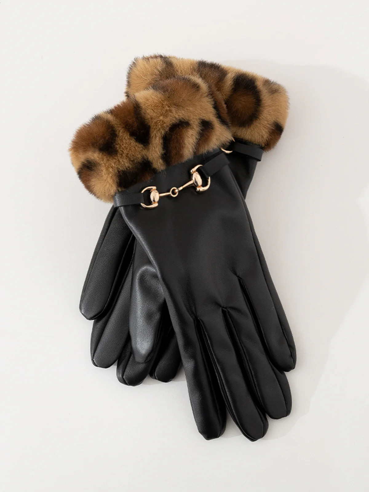 Leopard Faux Fur Cuff Faux Leather Gloves | Commense