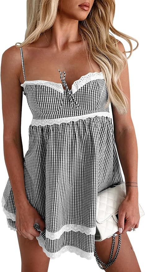 Wenrine Womens Summer Mini Dress Spaghetti Strap Sweetheart Y2K Plaid Lace Trim Tiered Beach Sund... | Amazon (US)