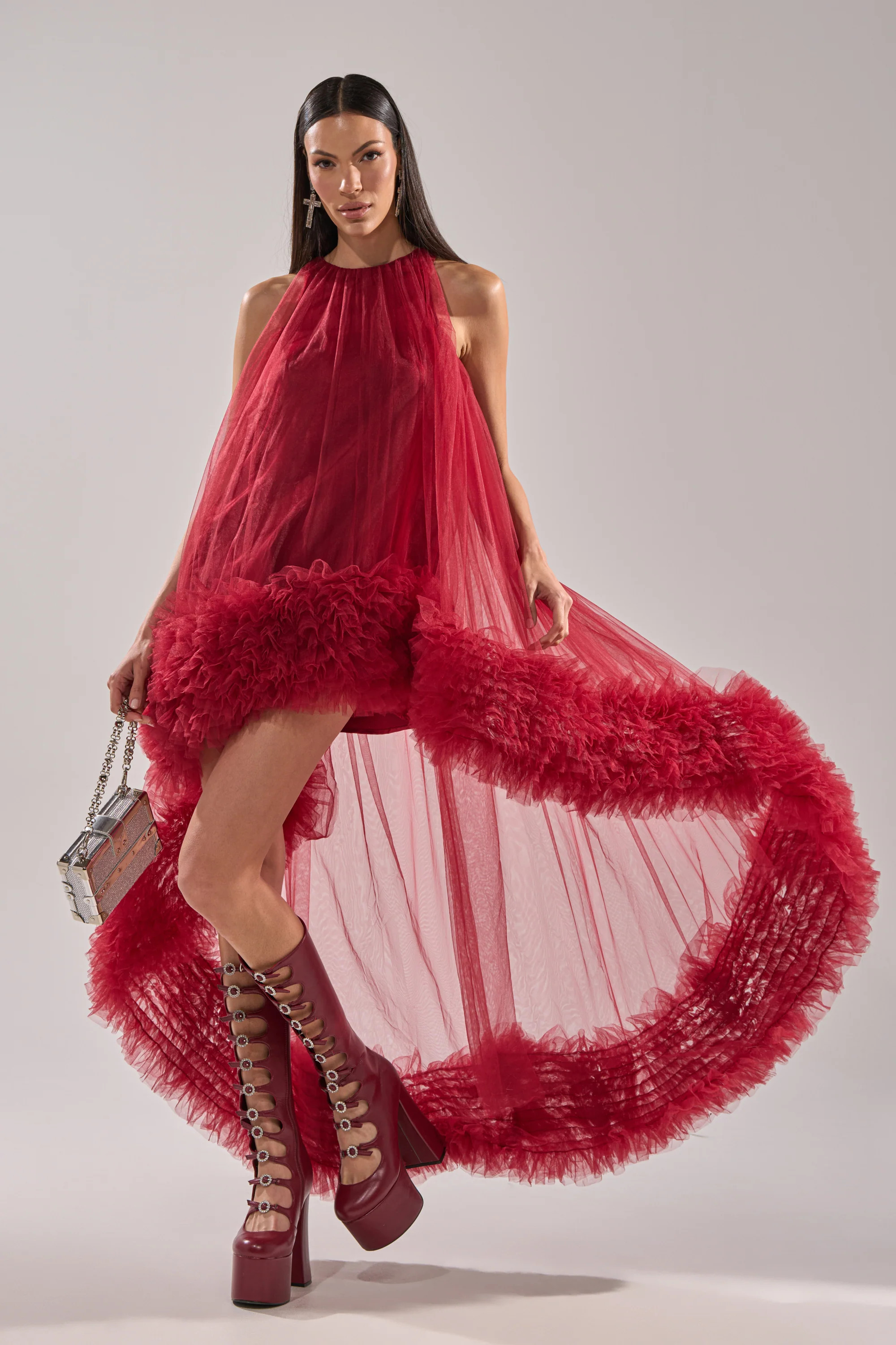 ARI TULLE HIGH LOW DRESS IN BURGUNDY | AKIRA
