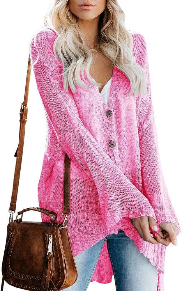 Womens Boho Knit Cardigan Loose Lightweight V Neck Button Down Sweater Sheer Henley Tops | Amazon (US)