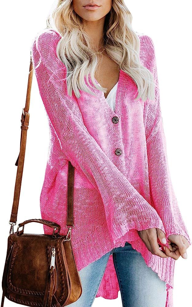 Womens Boho Knit Cardigan Loose Lightweight V Neck Button Down Sweater Sheer Henley Tops | Amazon (US)