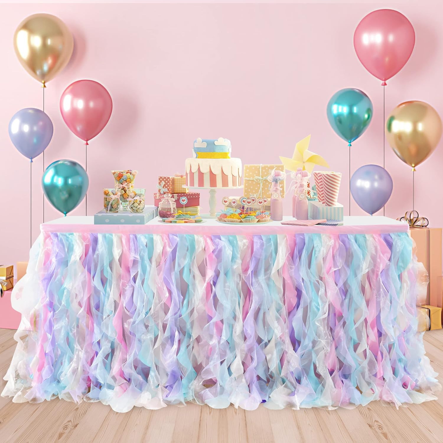 Netbros Unicorn Rainbow Curly Willow Table Skirt, Tulle Table Skirt for Rectangle Table or Round ... | Amazon (US)