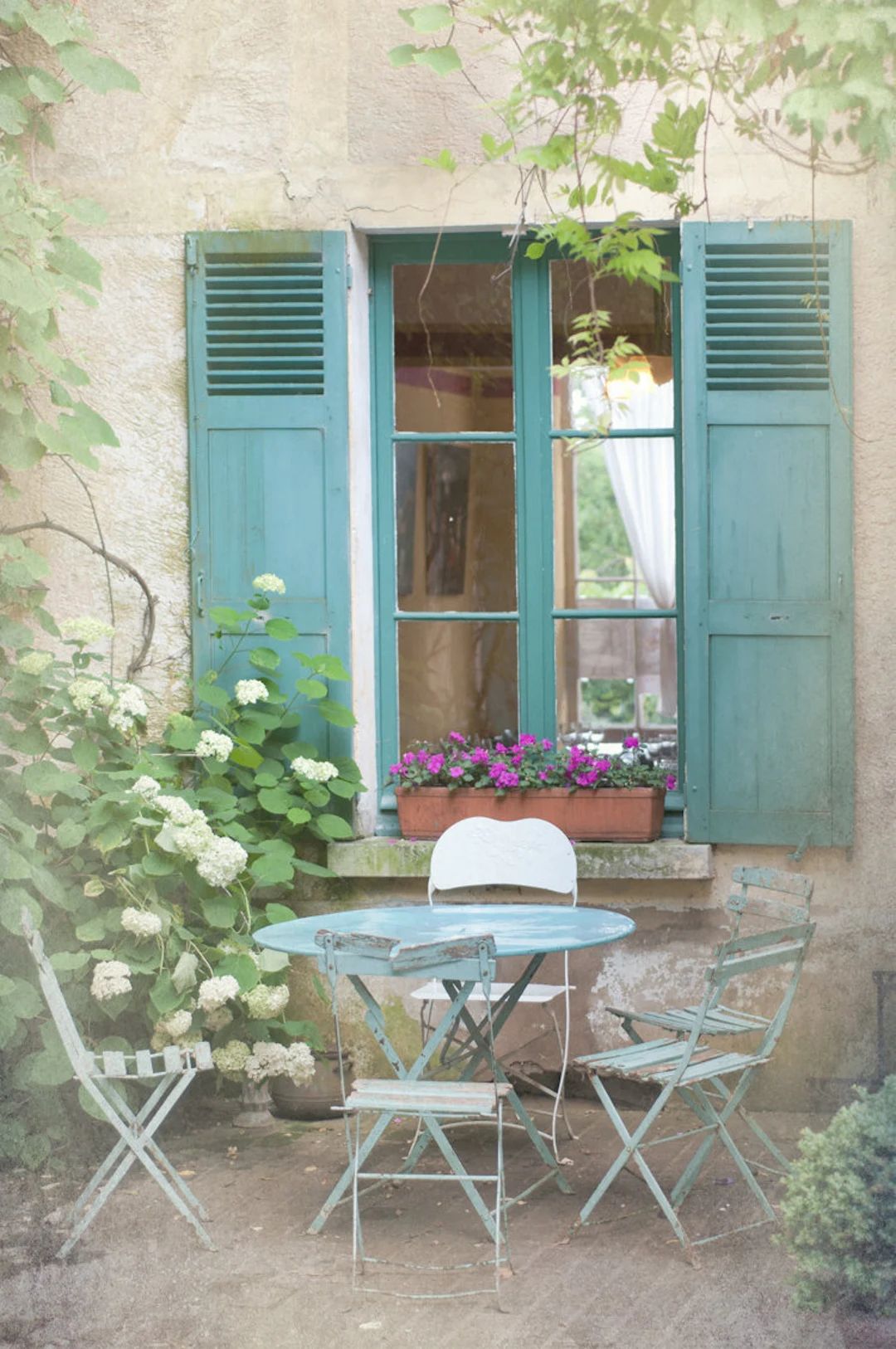 French Country Photography - Blue Bistro Table, Chairs, Shutters, Cottage Window, Giverny, France... | Etsy (US)