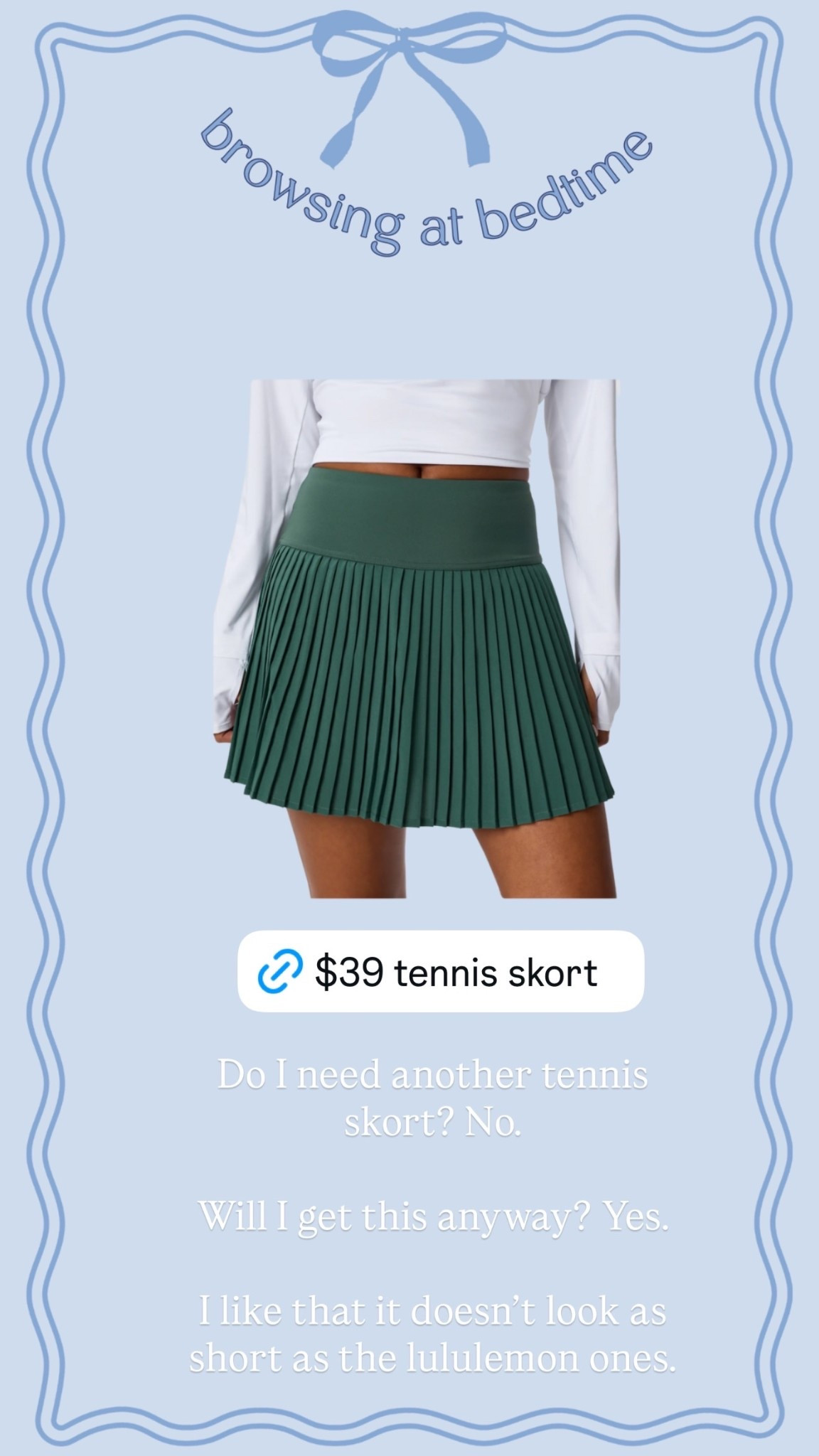 Do I need another tennis skort? No. 

Will I get this anyway? Yes.

I like that it doesn’t look as short as the lululemon ones.

#LTKFindsUnder50 #LTKSeasonal #LTKActive