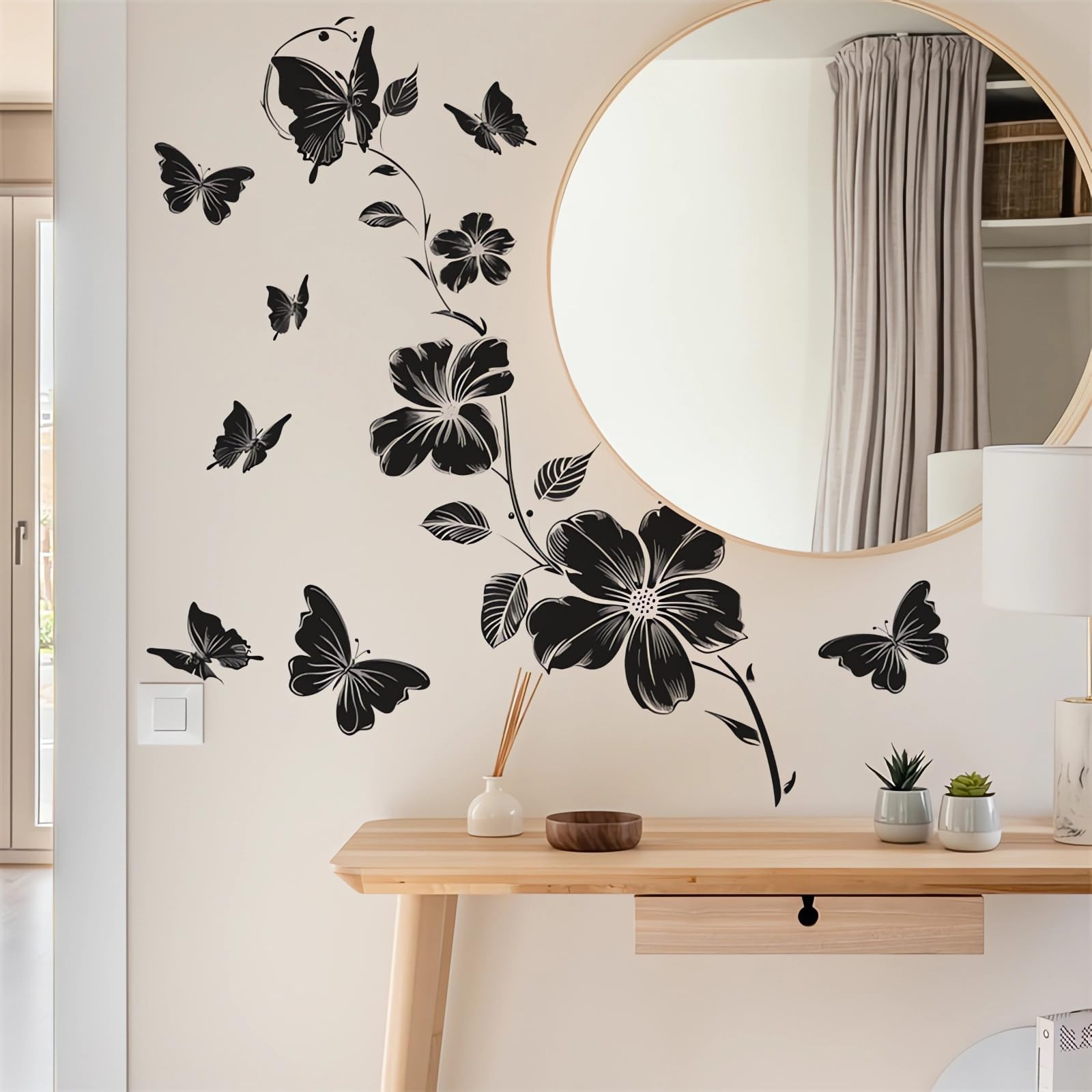 Black Flower Butterfly Vine Wall Stickers, sacinora Simplicity Floral Art Wall Decals Removable V... | Amazon (US)