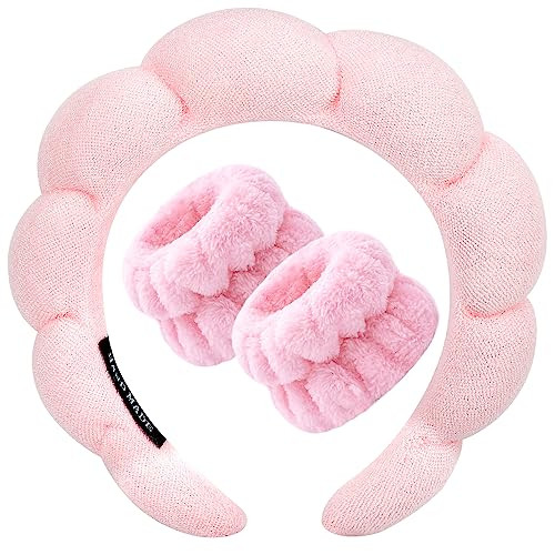 Zkptops Spa Headband for Washing Face Wristband Sponge Makeup Skincare Headband Terry Cloth Bubble Soft Get Ready Hairband for Women Girl Puffy Padded Headwear Non Slip Thick Hair Accessory(Pink) | Amazon (US)