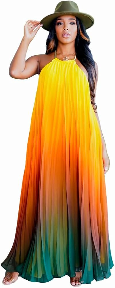 GerRit Summer Temperament Fashion Print Hanging Neck Pleated Loose Backless Long Dress (Color : Y... | Amazon (US)