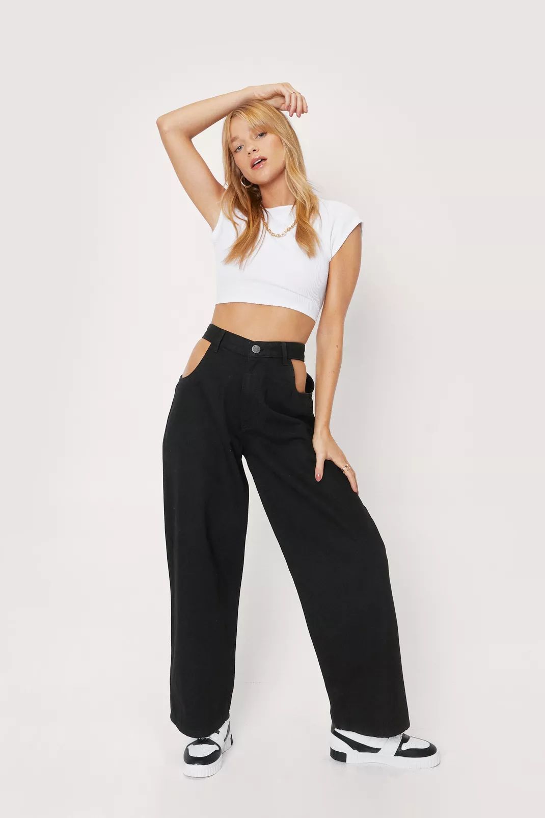 Petite Side Cut Out Wide Leg Jeans | Nasty Gal (US)