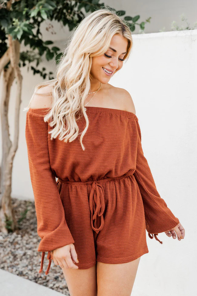 A Darling Day Rust Waffle Knit Off The Shoulder Romper | Pink Lily