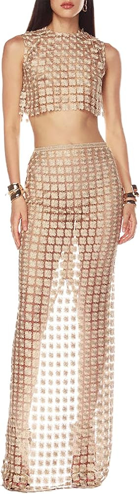 2 Piece Skirt Sets for Women Sleeveless Hollow Out Crop Tank Top and Back Slit Maxi Skirt Set Vac... | Amazon (US)