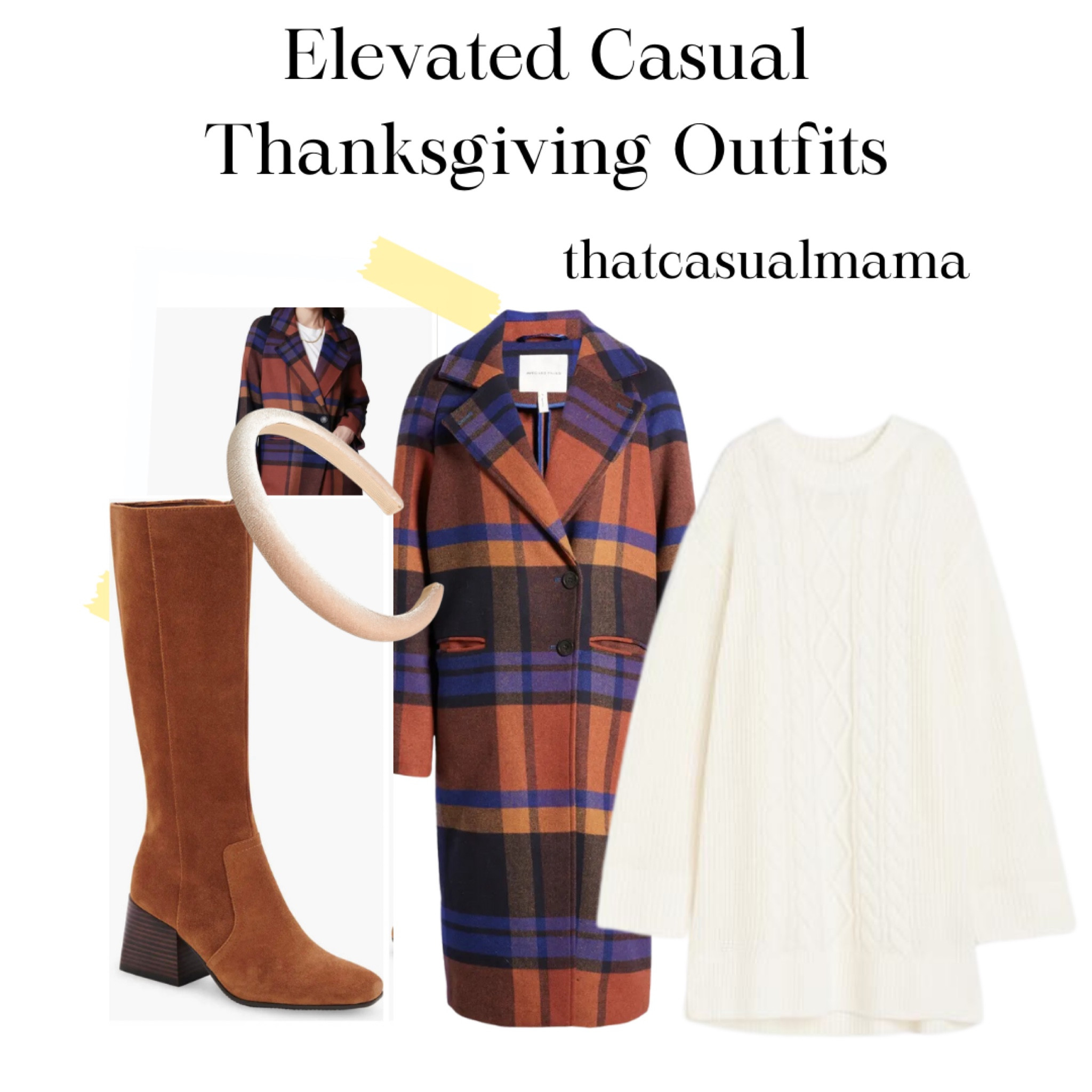 Elevated Casual Thanksgiving Outfit. sweater dress, plaid coat, knee-high boots, velvet headband #thanksgiving #thanksgivingoutfit #businesscasual #workwear #officeoutfit #teacheroutfit #friendsgiving 

#LTKHoliday #LTKSeasonal #LTKHolidaySale