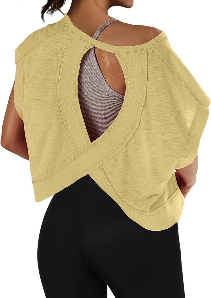 Cotton Open Back Workout Top for Women Casual Athletic Gym Yoga Workout Crop Shirts Running Activ... | Amazon (US)