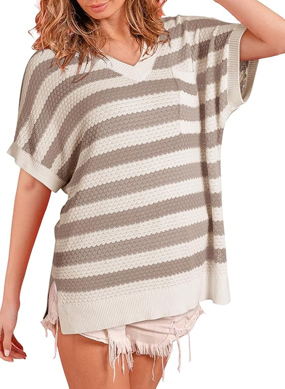 Dokotoo Women's Casual Short Sleeve Loose Tunic Tops Lightweight Striped Summer Sweaters Blouses ... | Amazon (US)