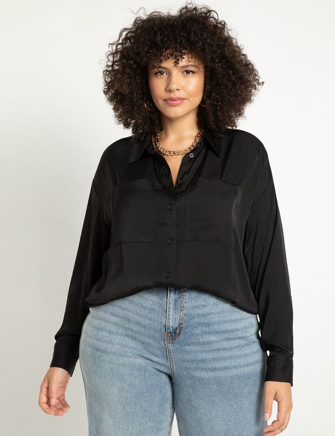 Long Sleeve Satin Button Down | Eloquii