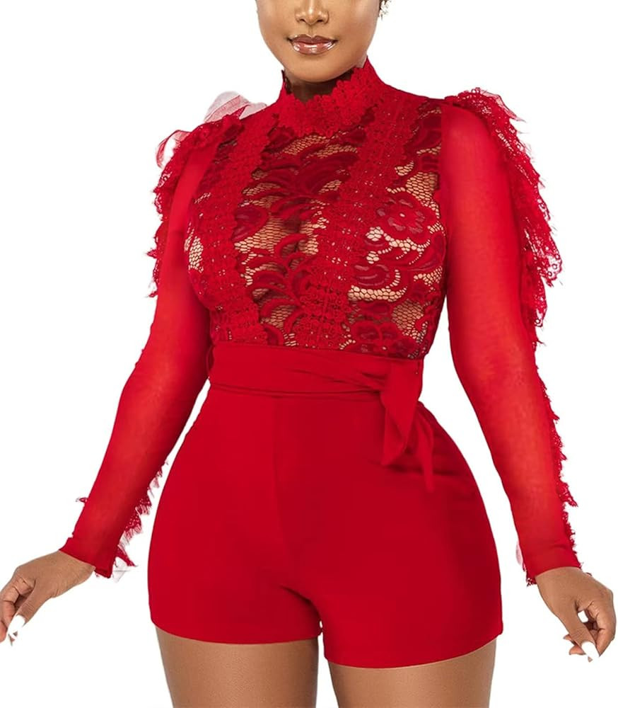 Mintsnow Sexy Mesh Patchwork Jumpsuits for Women Elegant Long Sleeve Bandage One Piece Party Long... | Amazon (US)