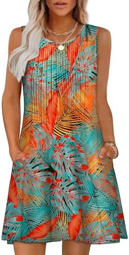 OFEEFAN Summer Dresses for Women 2025 Loose Beach Vacation Casual Crew Neck Sleeveless Sundresses... | Amazon (US)