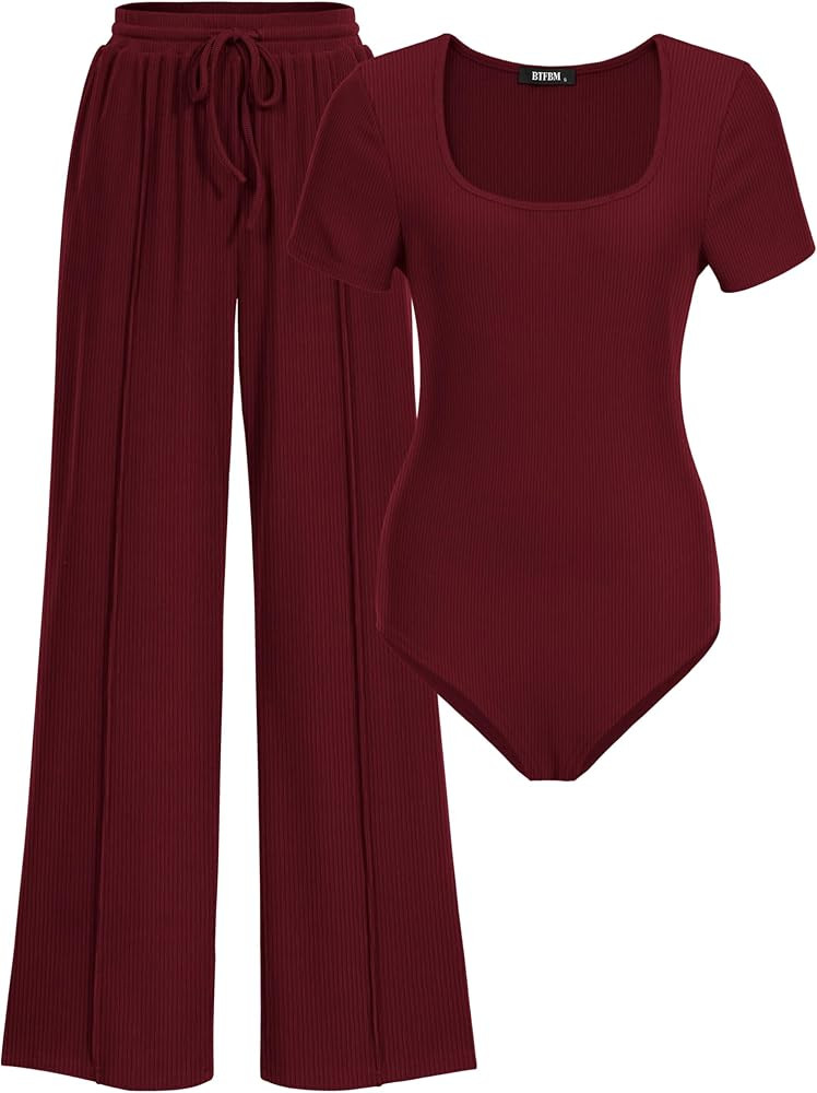 BTFBM Womens Casual 2 Pieces Outfits Dressy Square Neck Short Sleeve Bodysuit Drawstring Pants Kn... | Amazon (US)