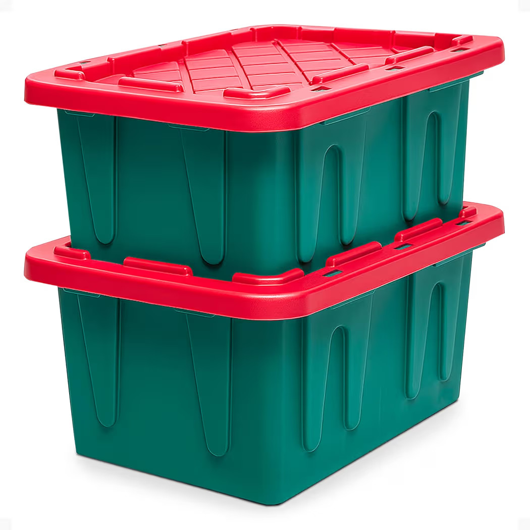 HOMZ 2-Pack Durabilt, Heavy Duty Plastic Storage Bins with Lids, 15 Gallon, Green/Red - Stackable... | Amazon (US)