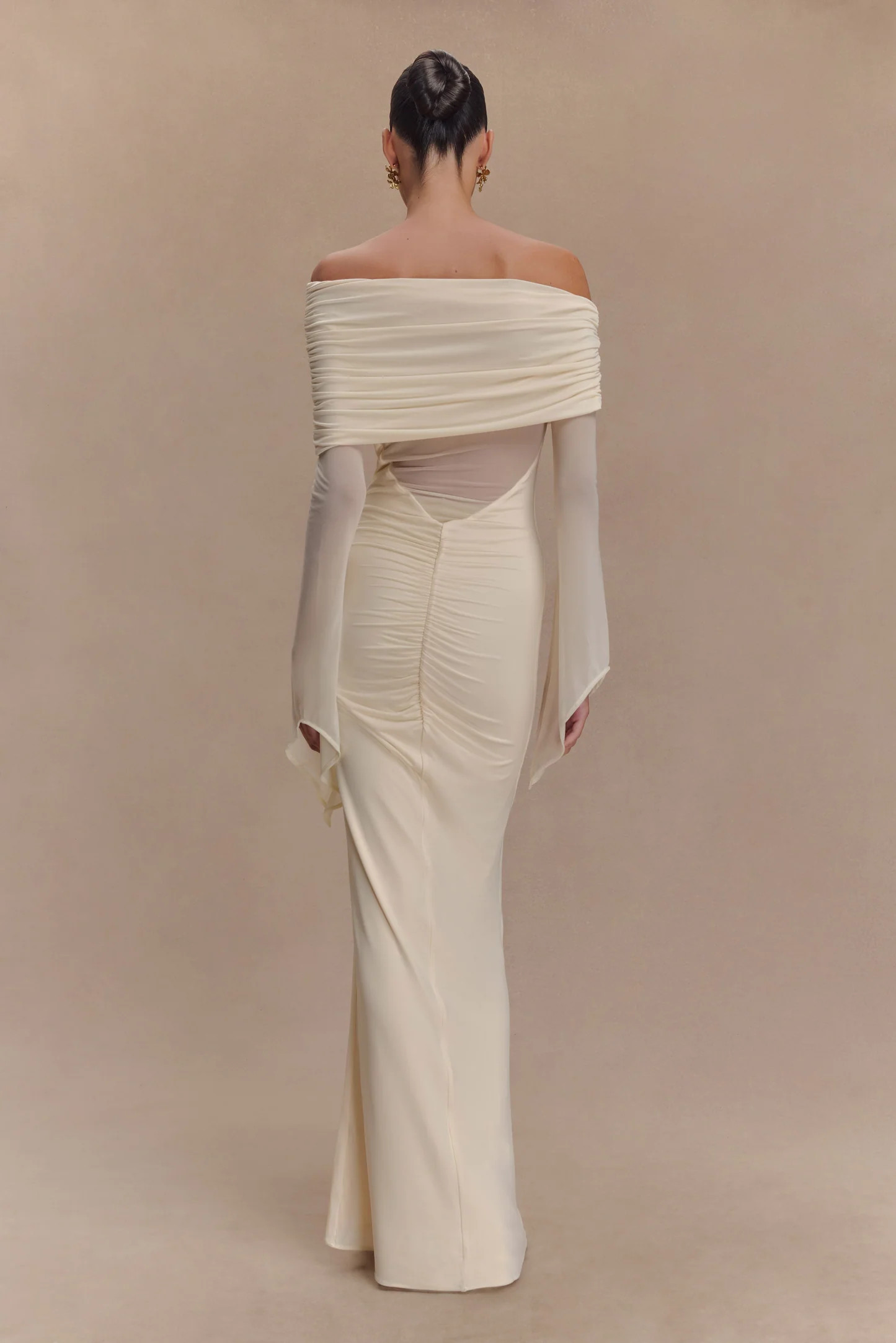 Kaitlin One Shoulder Slinky And Mesh Maxi Dress - Ivory | MESHKI US
