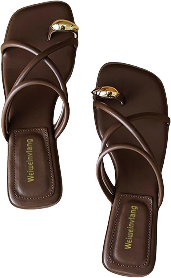 Women's Metal Toe Ring Strappy Flat Sandals Square Open Toe Comfortable Slip-On Low Heel Slide Sa... | Amazon (US)