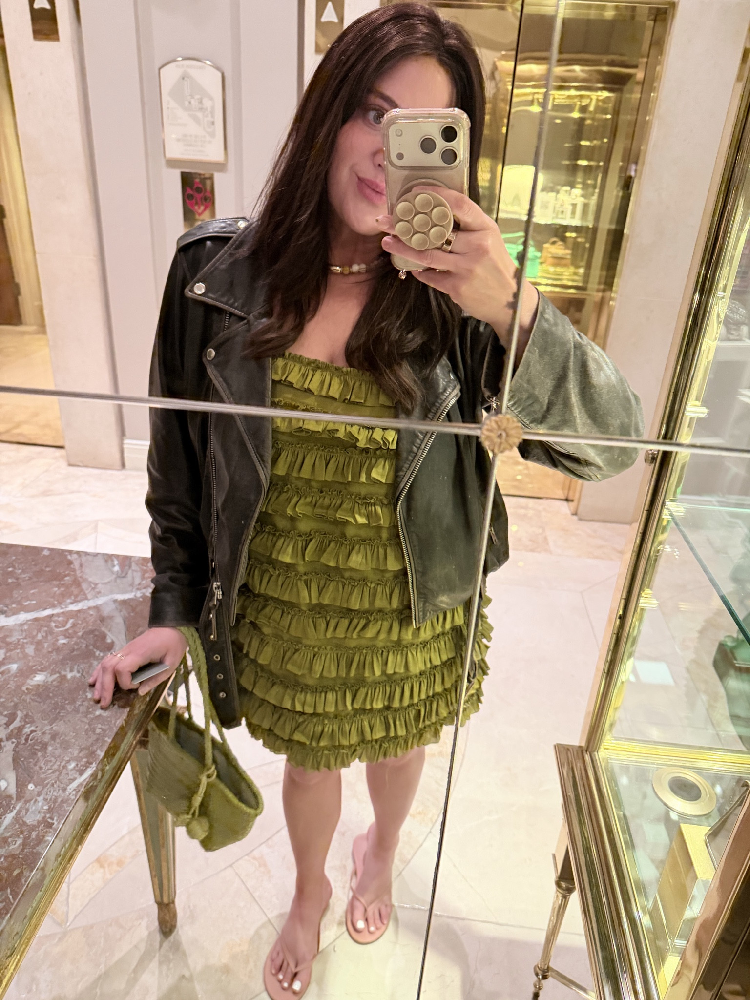 Obsessed with this outfit and color. I’m in 14 in dress. Does run a little small through chest. Bag is so cute and Amazon find. Necklace is small business. Jacket is old, I can never give it up  