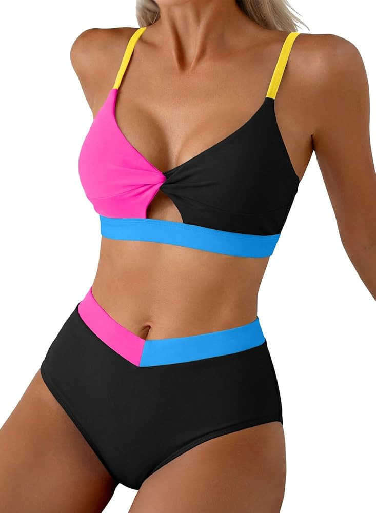 Herseas Women's Bikini Sets Twist Color Block Swimsuits 2 Piece High Waisted Bathing Suit Swim Su... | Amazon (US)
