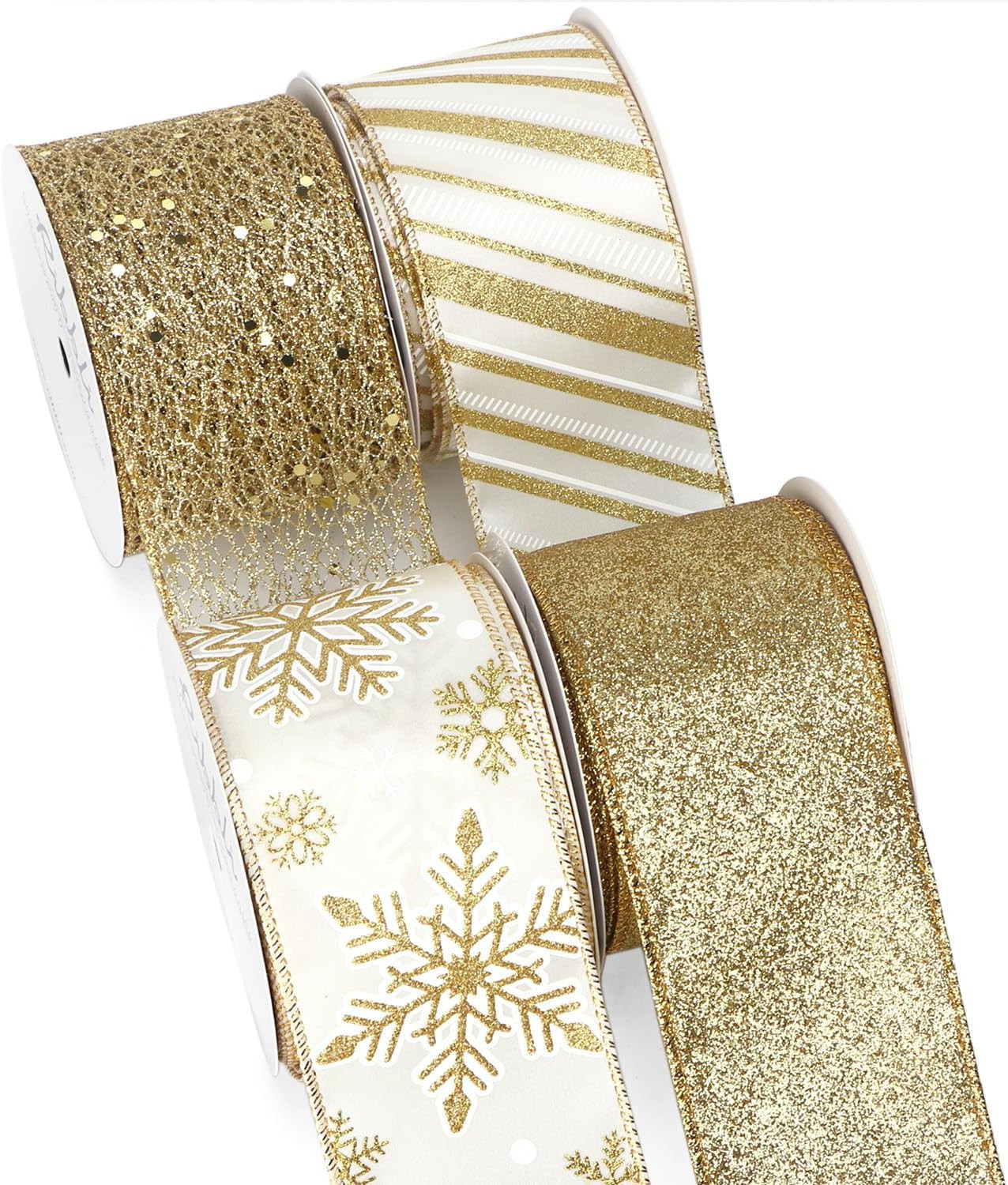 Ribbli Gold Wired Ribbon for Christmas Tree,Glitter Mesh Snowflake Stripe Christmas Ribbon for Cr... | Amazon (US)